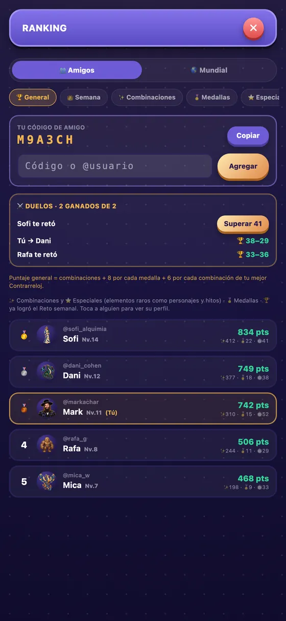 Ranking y duelos con amigos